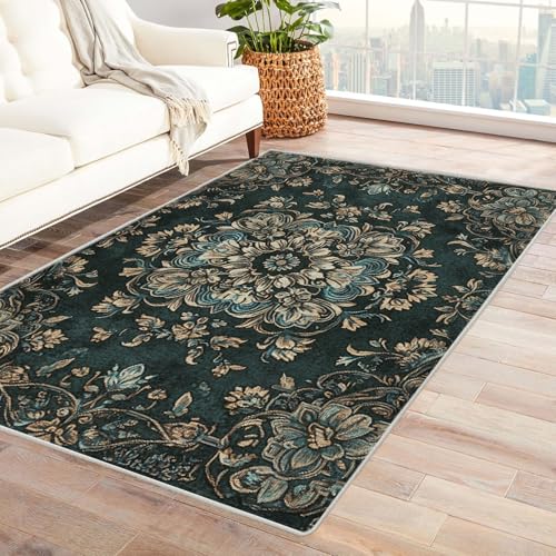 ZAMAEIU Kurzflorteppich, Vintage Blumen, Waschbarer Indoor-Teppich,Rutschfester Einfacher Bodenmattenteppich,Wohnzimmer-Schlafzimmer-Büro-Dekoration(Mehrfarbige)-210x300cm von ZAMAEIU
