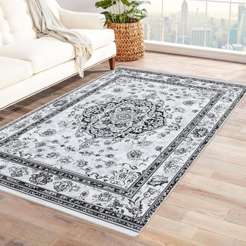 ZAMAEIU Moderner Kuscheliger Wohnzimmer Teppich, Vintage Blumen Muster, Kurzflor waschbar stilvoll rutschfest pflegeleicht,Schlafzimmer, Badezimmer, Küche(Weiß)-150x210cm von ZAMAEIU