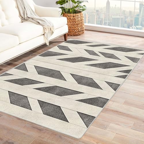 ZAMAEIU Teppich Wohnzimmer, Abstrakte geometrische Streifen, Großer Kurzflor Teppich Waschbarer, Moderner Teppiche, für Esszimmer Küchen Schlafzimmer, Badezimmer(Weiß)-240x300cm von ZAMAEIU