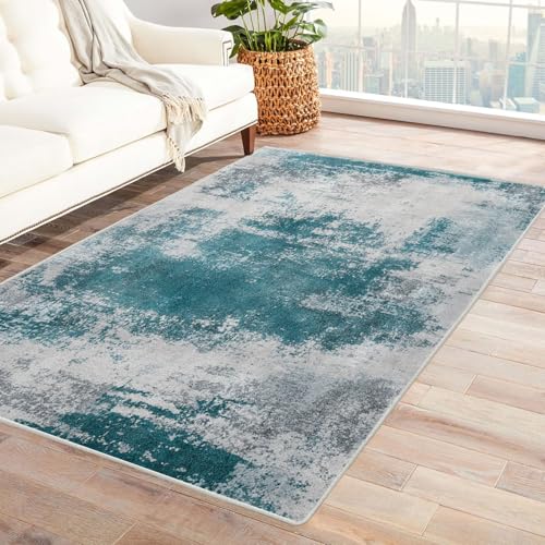 ZAMAEIU Teppich Wohnzimmer, Vintage Stil Muster, Großer Kurzflor Teppich Waschbarer, Moderner Teppiche, für Esszimmer Küchen Schlafzimmer, Badezimmer(Blau-Blau)-150x210cm von ZAMAEIU