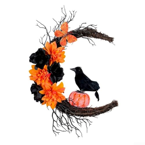 Halloween Kürbis Kranz mit schwarzer Krähe und Mond 40x30cm - Orange und Schwarz Tür oder Wand hängende Dekoration für gruselige Wohnkultur von ZAMETTER