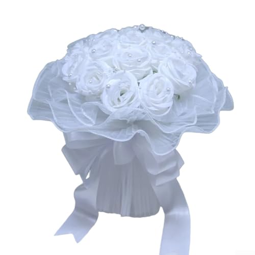 Perlen-Mesh-Rosenstrauß, Kunstseide, Blumenarrangement mit C-Kristallsteinen, Dekoration für Braut, Zeremonie, Party, Fotografie, Requisiten, 23 x 23 cm (weiß) von ZAMETTER