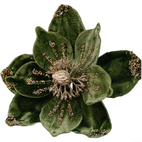 Set mit 4 goldfarbenen Glitzer-Weihnachtsblumen-Dekorationen, künstliche Blumen-Picker für Weihnachtsbaumschmuck, Kranz und Tischarrangement mit flexiblen Drahtstielen (grün) von ZAMETTER