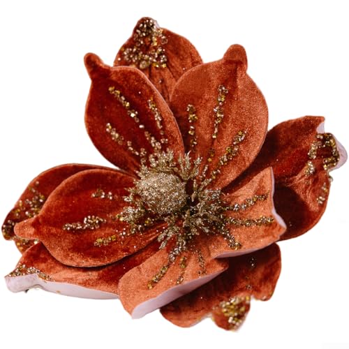 Set mit 4 goldfarbenen Glitzer-Weihnachtsblumen-Dekorationen, künstliche Blumen-Picker für Weihnachtsbaumschmuck, Kranz und Tischarrangement mit flexiblen Drahtstielen (orange) von ZAMETTER