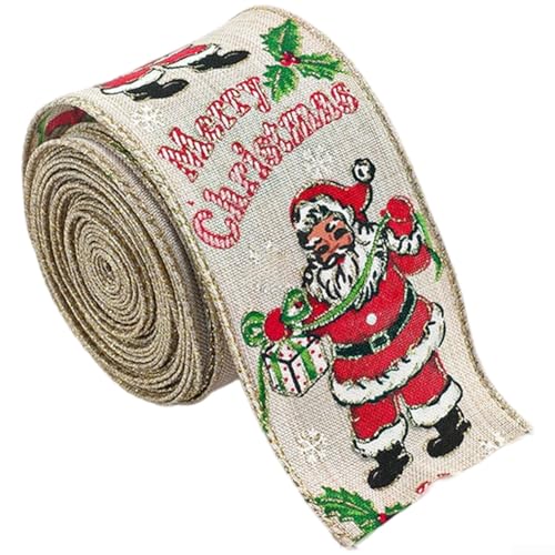 Weihnachtsband 6,3 cm x 2 m mit Weihnachtsmann-Muster, Leinenstoff, dekoratives Geschenkband für Boxen, Baum- und Kranzdekorationen, einfach zu bindende Schleife Stil für festliche von ZAMETTER