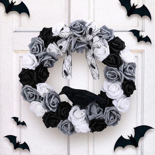 ZAMETTER Halloween Rose Krähe Kranz 35 cm Indoor Outdoor Tür hängende Dekoration Gothic Stil Schwarz Grau Weiß Blumen Leicht Dekorative Haustür Veranda Wand Party Dekoration von ZAMETTER