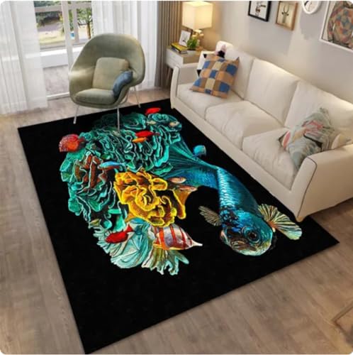 ZAMOUX 3D-Gedruckter Teppich Mit Goldenem Fischmuster Für Wohnzimmer Schlafzimmer Sofa Matte Teppiche Heimdekoration Kinderspiel rutschfeste Bodenmatte 120x180cm von ZAMOUX