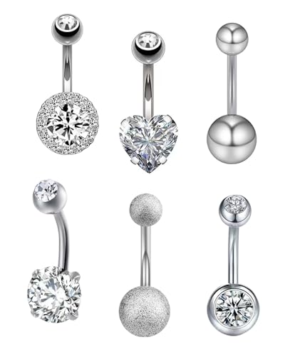 ZAMXHUG 6 pcs 14G Bauchnabelpiercing Titan Herz Bananabells Piercing Bauchnabel Lang Kurz Edelstein Kugeln Belly Button Piercing Navel Bars Silber 1.6mm Nabelring Frau Geschenk Schmuck von ZAMXHUG