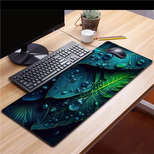 Gaming Mauspads Grüne Blatttropfen Großes Mousepad 600x300x2mm XXL Mauspad Schreibtisch Protector Matte mit Anti-Rutsch Basis mit Genähten Rändernfür für Gaming Büro Zuhause von ZANHOG