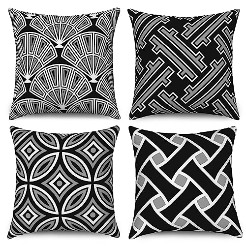 ZANHOG 4Er Set Kissenbezug 40x40cm Samt Kissenbezüge Black White Geometrie Dekorative Kissenhülle mit Vertecktem Reißverschluss Outdoor Kissenhuellen für Sofakissen Schlafzimmer Wohnzimmer von ZANHOG