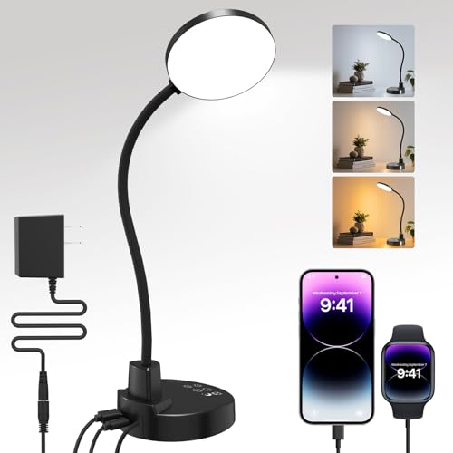 ZAPLIT 15W LED Schreibtischlampe mit USB-A & USB-C – Dimmbar, 3 Farbtemperaturen, 5 Helligkeitsstufen, 4 Timer, Flexibler 360° Schwanenhals, Augenschonend, Tischlampe für Büro & Schlafzimmer - Schwarz von ZAPLIT