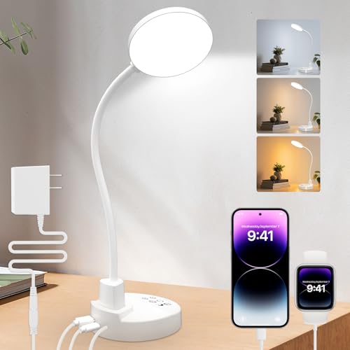 ZAPLIT 15W LED Schreibtischlampe mit USB-A & USB-C – Dimmbar, 3 Farbtemperaturen, 5 Helligkeitsstufen, 4 Timer, Flexibler 360° Schwanenhals, Augenschonend, Tischlampe für Büro & Schlafzimmer - Weiß von ZAPLIT