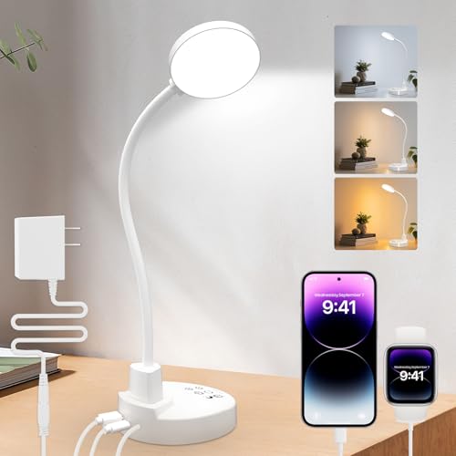 ZAPLIT 15W LED Schreibtischlampe mit USB-A & USB-C – Dimmbar, 3 Farbtemperaturen, 5 Helligkeitsstufen, 4 Timer, Flexibler 360° Schwanenhals, Augenschonend, Tischlampe für Büro & Schlafzimmer - Weiß von ZAPLIT