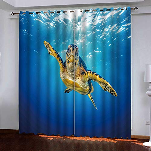 ZAPVI Ösenschal Vorhang blau & schildkröte Blickdicht Aber lichtdurchlässig Dekoschal Microfaser mit wunderschön leichtem Fall - Gardine 2er Set Größe:2 x B140 x H175cm von ZAPVI