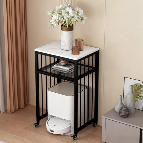Saugroboter Ständer Staubsauger Roboter Halter Rollwagen Für Roboterstaubsauger/ Minikühlschrank Und Mikrowelle, 2-stufige Beistelltische Aus Steinplatte Und Glas Für Wohnzimmer(Black,61x40x65cm) von ZAQYCM