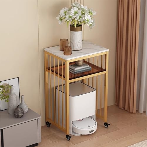 Saugroboter Ständer Staubsauger Roboter Halter Rollwagen Für Roboterstaubsauger/ Minikühlschrank Und Mikrowelle, 2-stufige Beistelltische Aus Steinplatte Und Glas Für Wohnzimmer(Gold,51x40x65cm) von ZAQYCM