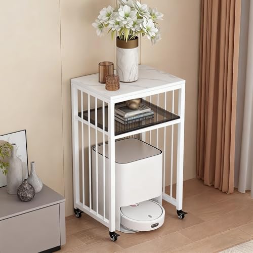 Saugroboter Ständer Staubsauger Roboter Halter Rollwagen Für Roboterstaubsauger/ Minikühlschrank Und Mikrowelle, 2-stufige Beistelltische Aus Steinplatte Und Glas Für Wohnzimmer(White,56x40x65cm) von ZAQYCM