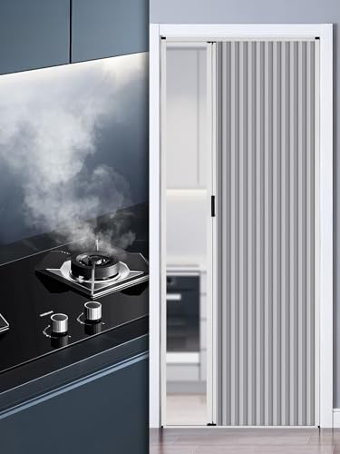 Schiebetür Falttür innentüren Falttür Ohne Bohren Aluminiumrahmen Und Vliesplatte, Ziehharmonika Türen In Sondergröße Mit Beidseitigem Griff Und Schloss Für Küchen Und Schlafzimmertüren(Grey,103x203cm von ZAQYCM