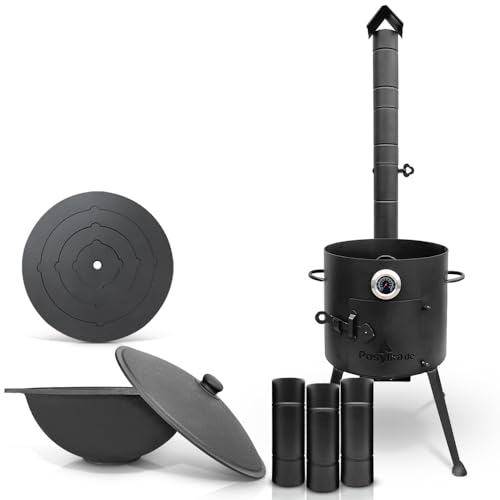 Feuerofen Ø 36 сm mit Thermometer Verlängerungsrohr und Herdplatte 4 Ringe 40 cm Gusseisen Kazan 10 L flacher Boden mit Deckel Ø 36,7 cm Казан Учаг (Set 541) von ZARENHOFF