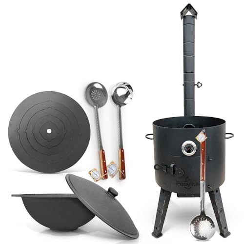 Feuerofen Ø 44 сm Thermometer Herdplatte 5 Ringe 48 cm Gusseisen Kazan flacher Boden Deckel Ø 46,5 cm(16 L) Schaumlöffel Schöpfkelle 48cm Schaumlöffel 64 cm (Set - 521) von ZARENHOFF