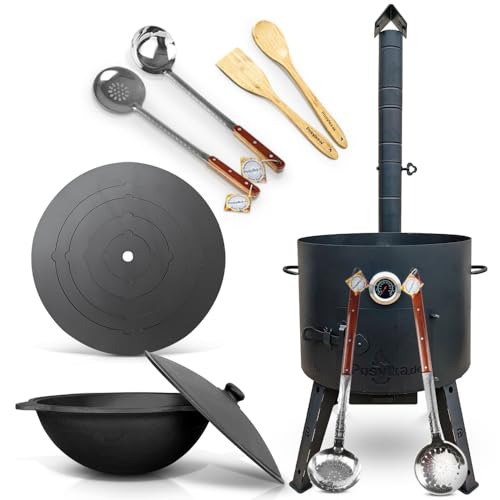 Feuerofen Ø 49cm Herdplatte Ø53cm Kazan Ø 52,7 cm runder Boden Thermometer Schornsteinverlängerung Schaumlöffel 64 cm x2,Holzlöffel,Schaumlöffel 48 cm,Schöpfkelle 48 cm,Holzspachtel (R22L-538) von ZARENHOFF