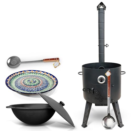 Feuerofen Utschak Ø 44 cm mit Thermometer Gusseisen Kazan 16 L Ø 46,5 cm runder Boden Lagan Ø 37 cm 2 Schaumlöffel 48 cm und 64 cm Учаг Uchag Asia (Set 3) von ZARENHOFF
