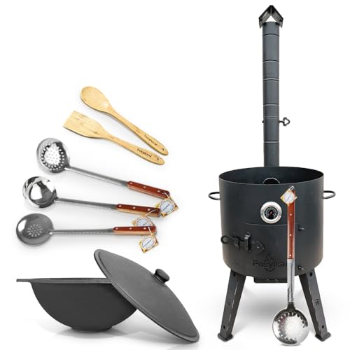 Utschak Feuerofen Ø 44 cm 2 mm Stahl mit Thermometer Usbekische Kazan 16 L flacher Boden 2 Schaumlöffel 48 cm Schaumlöffel 64 cm Schöpfkelle 48 cm Löffel und Spatel 35 cm Kazan Учаг Uchag (Set 6) von ZARENHOFF