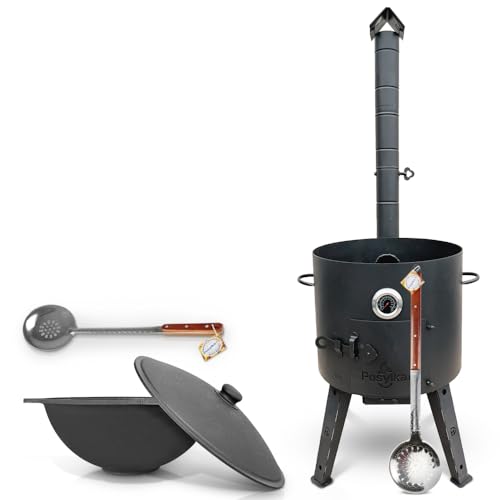 Utschak Feuerofen Ø 44 cm 2 mm Stahl mit Thermometer Usbekische Kazan 16 L flacher Boden Schaumlöffel 48 cm Schaumlöffel 64 cm Kazan Учаг Uchag казан Gusseisen Oven учак (Set 3) von ZARENHOFF