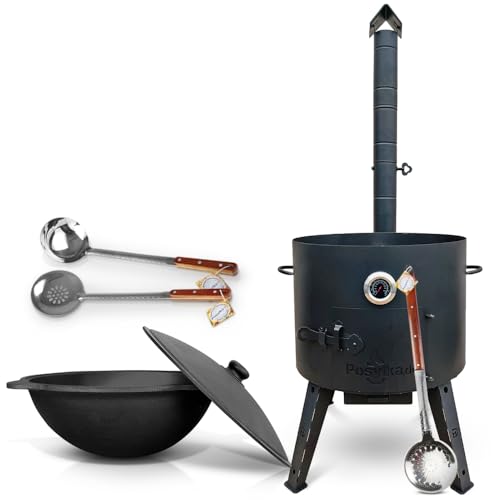 Utschak Feuerofen Ø 49 cm mit Thermometer Gusseisen Topf runder Boden mit Deckel (22 L) Ø 52,7 cm KazanoFF, Учаг, Kazan Outdoor, Feuerschale, Camping, Kazan, Gulaschkanone Dutch Oven (Set 4) von ZARENHOFF