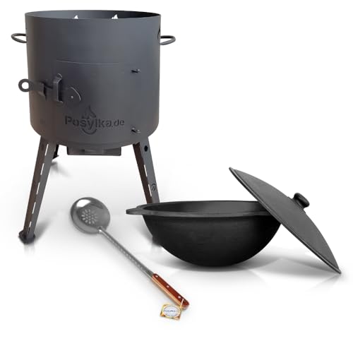 Utschak Feuerofen mit Gusseisen Topf runder Boden mit Deckel (12 L) Kazan Ø 40 cm KazanoFF, Учаг, Outdoor, Feuerschale, Camping, Kasan, Gulaschkanone Dutch Oven (Set 2-12) von ZARENHOFF