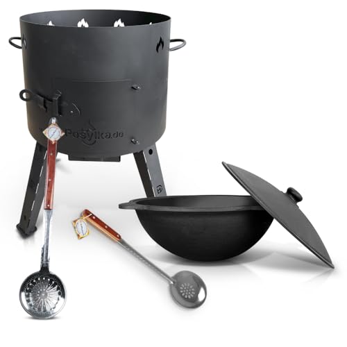 Utschak Feuerofen mit Gusseisen Topf runder Boden mit Deckel (16 L) KazanoFF, Uchag Feuerofen Gusseisen Kazan Kasan Schaumlöffel x2Stk Outdoor, Feuerschale, Camping (Set 16-5) von ZARENHOFF