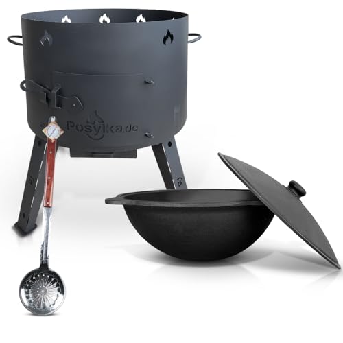 Utschak Feuerofen mit Gusseisen Topf runder Boden mit Deckel (22 L) Kazan KazanoFF, Учаг, Outdoor, Feuerschale, Camping, Kasan, Gulaschkanone Dutch Oven (Set 2) von ZARENHOFF