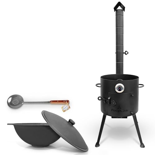 Utschak Uchag Feuerofen Ø 36 cm 2 mm Stahl mit Usbekische Kazan 10 L flacher Boden Thermometer, Schaumlöffel für Plov 48 cm Казан Учаг Kasan Asia (Set 2) von ZARENHOFF