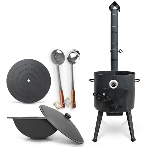 Utschak Uchag Feuerofen Ø 40 cm 2 mm Stahl Herdplatte Kazan 12 L flacher Boden mit Thermometer Schaumlöffel für Plov Schöpfkell Учак Учаг Uchag Asia (Set 507) von ZARENHOFF