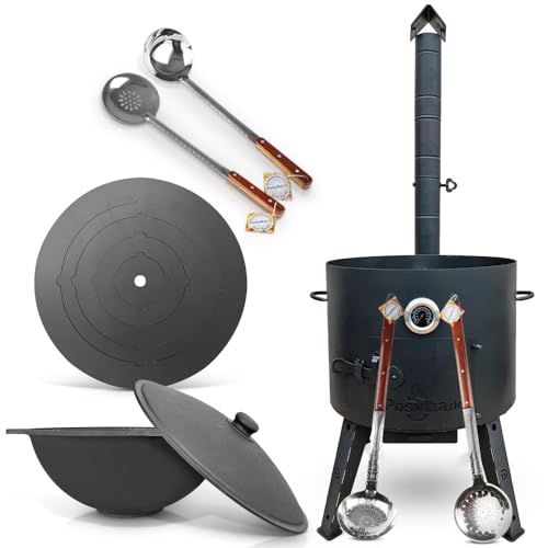 Utschak Uchag Feuerofen Ø 49 cm 2 mm Stahl Herdplatte 4mm Kazan 22 L flacher Boden mit Thermometer chaumlöffel für Plov Schöpfkelle Учак Учаг Uchag Asia казан (Set 537) von ZARENHOFF