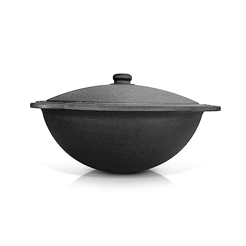 ZARENHOFF Gusseisen Kazan mit Deckel aus Aluminiumguss, flacher Boden,Usbekischer Topf, WOK, Kasan, Camping Topf, Feuerofen, BBQ Dutch Oven, Gulaschkanone, Schmortopf mit Deckel (16 L) von ZARENHOFF