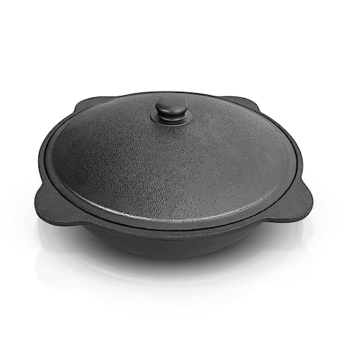 ZARENHOFF Gusseisen Kazan mit Deckel aus Aluminiumguss, flacher Boden,Usbekischer Topf, WOK, Kasan, Camping Topf, Feuerofen, BBQ Dutch Oven, Gulaschkanone, Schmortopf mit Deckel (6 L) von ZARENHOFF