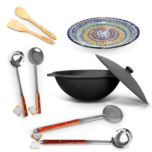 ZARENHOFF Set - Usbekischer Gusseisen Kasan 22 L runder Boden, Deckel aus Aluminiumguss 2 Schaumlöffel 64 cm Schöpfkelle 48 cm Schaumlöffel 48 cm Holzspachtel Holzlöffel Lagan 42 cm (Set - 638) von ZARENHOFF