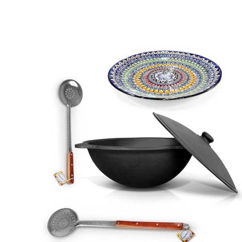 ZARENHOFF Set - Usbekischer Gusseisen Kasan 22 L runder Boden, Deckel aus Aluminiumguss Schaumlöffel 64 cm Schaumlöffel 48 cm Lagan 42 cm ляган Oven шумовка пикник печь шашлык азия (Set - 632) von ZARENHOFF
