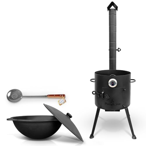 ZARENHOFF Set - Utschak Feuerofen Ø 36 cm Usbekischer Gusseisen Kasan 10 L runder Boden, Deckel aus Aluminiumguss Thermometer, Schaumlöffel für Plov, 48 cmr (292) von ZARENHOFF