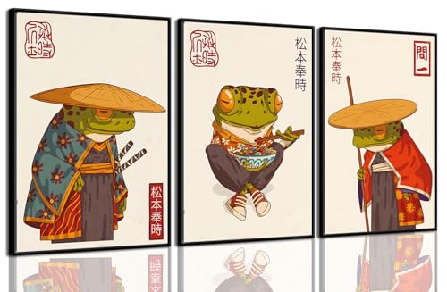 3 Stück Vintage Japanischer Frosch Wandkunst Niedlich Lustig Japanisch Samurai Frosch Poster Drucke Japanisches Matsumoto Hoji Gemälde Bilder Eklektisches Tier Leinwand Wanddekoration ungerahmt (grün, von ZARTMYY