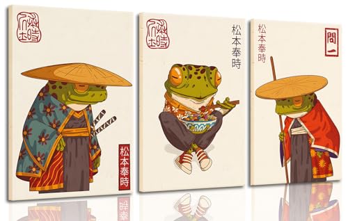 ZARTMYY 3 Stück Vintage Japanischer Frosch Wandkunst Niedlich Lustig Japanisch Samurai Poster Drucke Japanisches Matsumoto Hoji Gemälde Bilder Eklektisches Tier Leinwand Wanddekoration Gerahmt(grün, von ZARTMYY