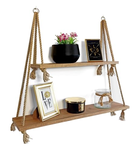 ZARWALD 2 Tier Hängendes Regal mit Seil 56/80 cm - Wandregal Wandschaukel Schweberegale - Aufhängen Holzregal Wand - Wanddekoration Hängeregal mit Jute Seil (Brown) von ZARWALD