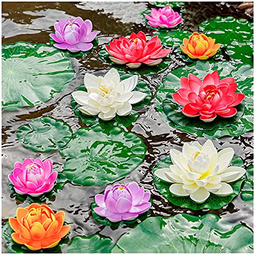 Künstliche schwimmende Schaum-Lotusblume mit Seerosenpad, realistische Verzierung, perfekt für Zuhause, Outdoor, Terrasse, Teich, Aquarium, Hochzeit, Party, Dekoration, 10 Stück von ZAUGONTW