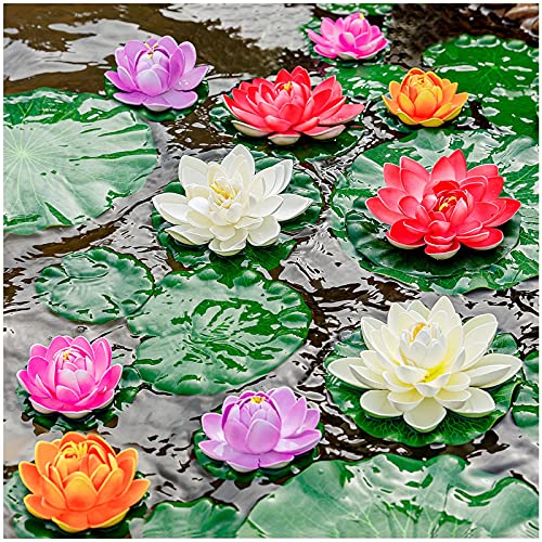 ZAUGONTW Künstliche schwimmende Schaumstoff-Lotusblume mit Seerosen-Pad, realistische Ornamente, perfekt für Zuhause, Außenbereich, Terrasse, Teich, Aquarium, Hochzeit, Party-Dekorationen, 10 Stück von ZAUGONTW