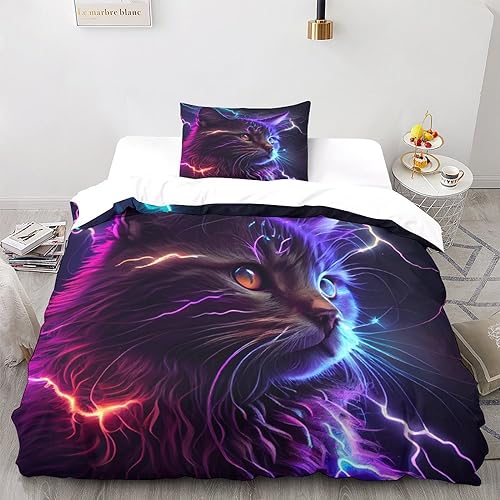 Lightning Cosmic Cat AI Art Bettbezug 3D Design Weiche Bequeme Microfiber Quilt Cover 2-teiliges Mit Kissenbezug Mädchen Jungen Bettwäsche Single（135x200cm） von ZAVAYA