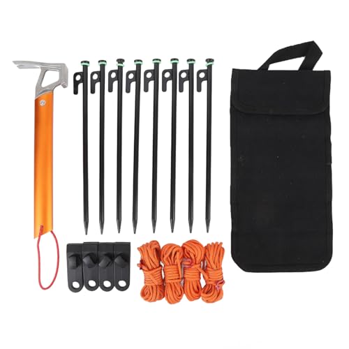 ZAWELIYO 11.8 "Zelt-Einsätze-Kit mit Guy Lines, 8er-Pack Camping-Pegs, 4mm Outdoor-Zelts Chnüre, Überdachung Clips & Hammer für Back Packing Festival Camping (Schwarzorange) von ZAWELIYO