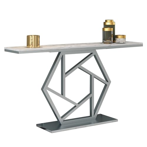 Moderner Flurtisch Schmal, Marmor-Konsolentisch fürs Wohnzimmer, Minimalistischer Empfangstisch mit Unregelmäßiger Steinstruktur für Eingangsbereich, Wohnzimmer, Büro, Hotellobby(Silver,39.3in/100cm) von ZAWQFDZ