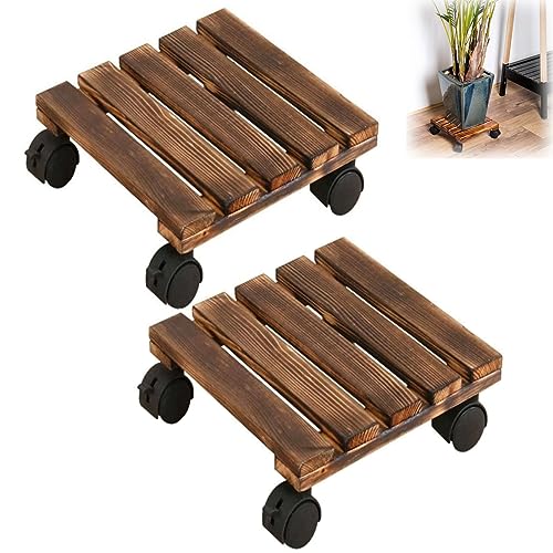 ZAWR 2er Pflanzenroller Garden Holz-Pflanzenroller eckig,Pflanzenroller eckig massives Holz 30x30cm50kg Rollbrett Pflanzen für Außen- und Innenbereich Untersetzer mit Rollen Feststellbar für Pflanzen von ZAWR