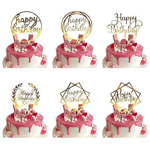 6 Pcs Happy Birthday Cake Topper, Gold Geburtstag Kuchen Topper/Tortenstecker für Geburtstagsdeko, Acryl Cupcake Topper für Kindergeburtstag Baby Shower Tortendeko/Kuchendeko Glitzer Party Dekoration von ZAWTR